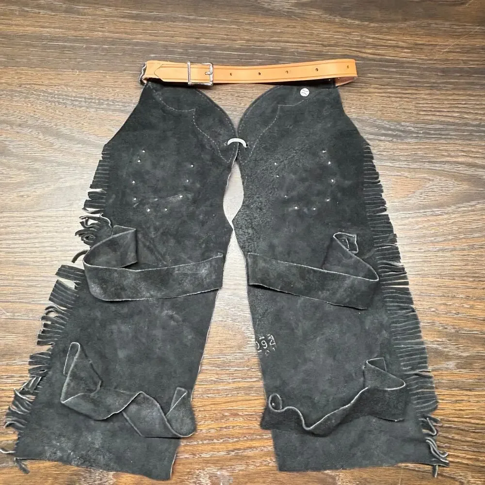 Vintage Deadstock Western Leather Set Craighead Co Kids Small Chaps Vest Cowboy